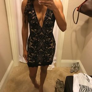 Jovani Black and Nude Lace Cocktail Dress